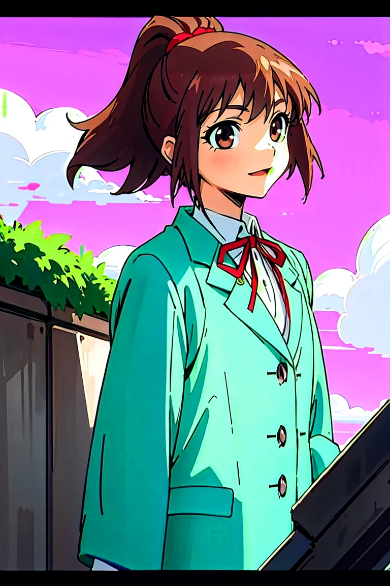 (masterpiece, best quality:1.2), samidare asahina, 1girl, brown eyes, brown hair, jacket, long sleeves, neck ribbon, red sky, dawn, ponytail, red ribbon, ribbon, rose garden, shirt, short hair, solo, white shirt, (anime, high details, super detail:1.55)