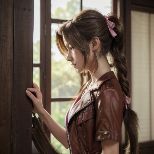 Ultra-high resolution, (masterpiece, Highest quality), Aerith Gainsborough, (One beautiful girl, alone:1.1), (hair, long hair, brown hair, dutch hair, Single Ponytail, Braidinged ponytail, bow, ribbon, hair bow, ponytail ribbon, big ribbon), (eye, (Big eye:1.2), green eye), jewelry, necklace, (chest, Natural chest,( Big chest:1.2)), Braiding,Inside a dark wooden hut、 bracelet, (Jacket, Red Jacket, Open Jacket, Short sleeve, cropped Jacket), (dress, Long dress, Pink dress, Vnack), Written boundary depth,  Realistic, nose, (shot, full-body shot, cowboy shot), Looking to the side、Hands tied behind back with rope、Angry face、The body is tightly bound with ropes and chains、The mouth is covered with a white cloth(Monkey bridle)It has been、