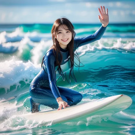 photo-realistic quality、a surfer in a wetsuit riding a wave on a surfboard in the ocean, surfing,beautiful japanese model、standi...