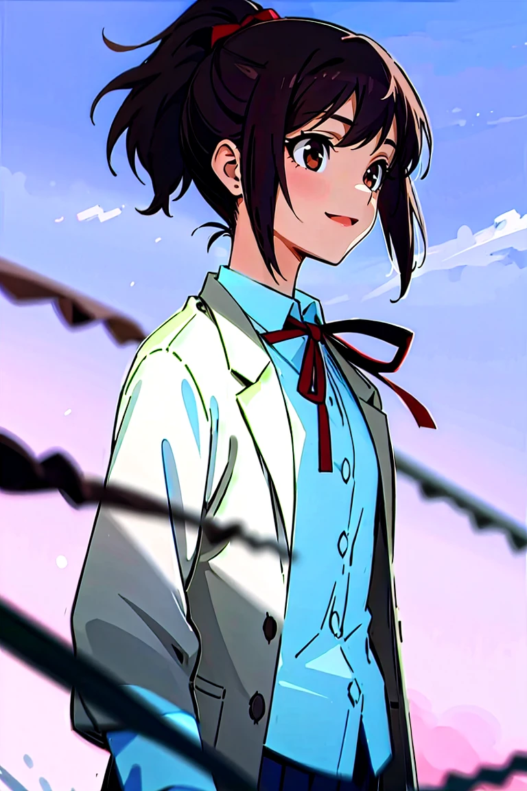 (masterpiece, best quality:1.2), samidare asahina, 1girl, brown eyes, brown hair, jacket, long sleeves, neck ribbon, red sky, dawn, ponytail, red ribbon, ribbon, rose garden, shirt, short hair, solo, white shirt, (high details, super detail:1.55)