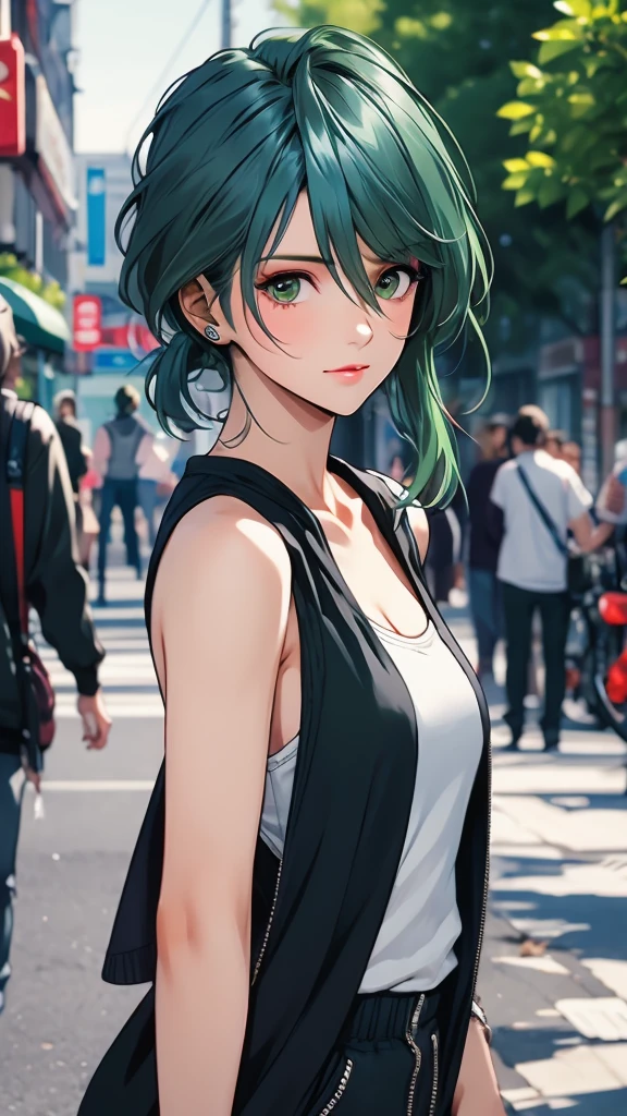 1 Female, thirties, Tamaki, green hair, hair between eyes, Street fashion, 