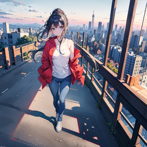 (masterpiece), (high resolution 8K), professional illustration, 1 girl, late teenage, walking, full body, bird's eye view, sweat...