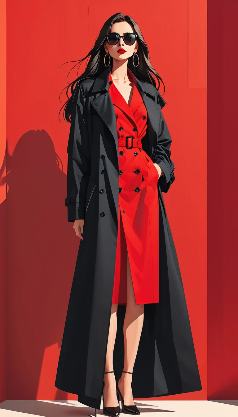 Ilustração vetorial simples，Linda garota em pé contra a parede，Unique，confiança，cabelo longo e liso，oculos de sol，Brincos exagerados，Unique，Olhando para o público），（Trench coat preto com V profundo：1.37，Saia vermelha）。olhando de baixo para cima，Luz e sombra geométricas，Fundo vermelho limpo e simples