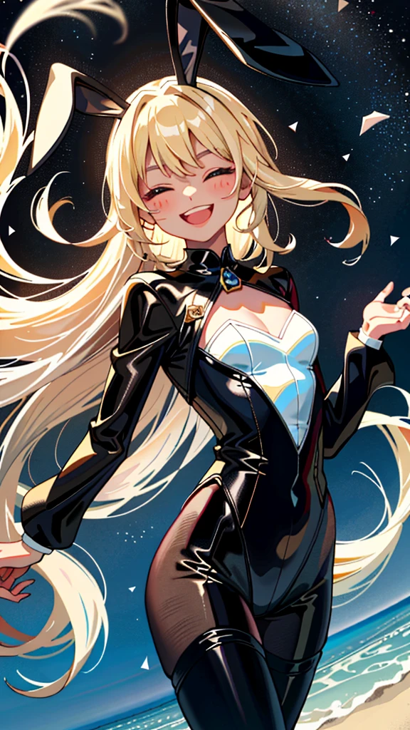 1 Female\(cute, cute,(Little),alone,18-year-old,Skin color is white,(Big smile:1.3),Half-closed eyes,Open your mouth,Hair is floating,Hair Color: Blonde,Long Hair,Eye color is cosmic,chest,Black bunny suit,Black leotard,Black rabbit ears,Bunny&#39;s Tail,Wrist cuff,Detachable collar,Black ribbon tie,Fishnet tights,Black High Heels,Rabbit Pose,Raise the hand,(whole body:0.6),Caramel Dance\), break ,background\(Simple,internal,colorful,cute room,Girlish,heart\), break ,quality\(8K,非常に精細なCGユニットのwallpaper, masterpiece,High resolution,top-quality,top-quality real texture skin,Surreal,Increase the resolution,RAW Photos,最高quality,Very detailed,wallpaper,Cinema Lighting,Ray-tracing,Golden Ratio\),(close:0.6),Better Hands,5 fingers on each hand,[Browsing Caution:1.5]