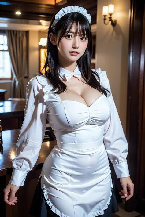 Highest quality, Ultra-high resolution, (Realistic:1.4), 1 Girl, (Complicated maid outfit:1), Curvaceous, Big Breasts, Black Hai...