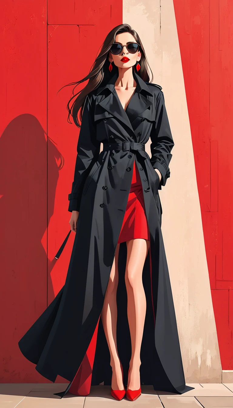 Simple vector illustration，Beautiful girl standing against the wall，Delicate red lips，unique，confidence，Long straight hair，sunglasses，Exaggerated earrings，unique，Staring at the audience），（Black deep V trench coat：1.37，Red bottoming skirt）。Looking from the bottom up，Geometric Light and Shadow，Clean and simple red background