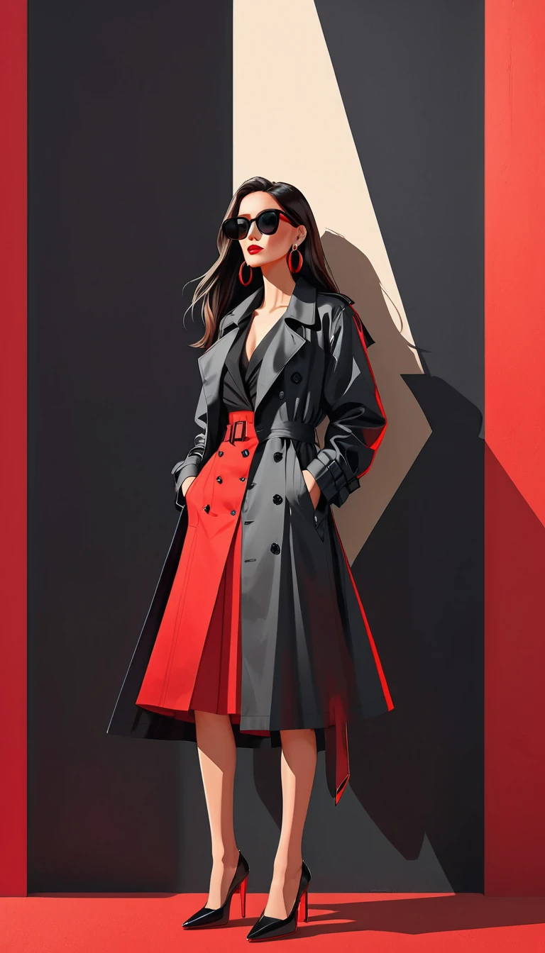 Ilustração vetorial simples，Linda garota em pé contra a parede，Unique，confiança，cabelo longo e liso，oculos de sol，Brincos exagerados，Unique，Olhando para o público），（Trench coat preto com V profundo：1.37，Saia vermelha）。olhando de baixo para cima，Luz e sombra geométricas，Fundo vermelho limpo e simples