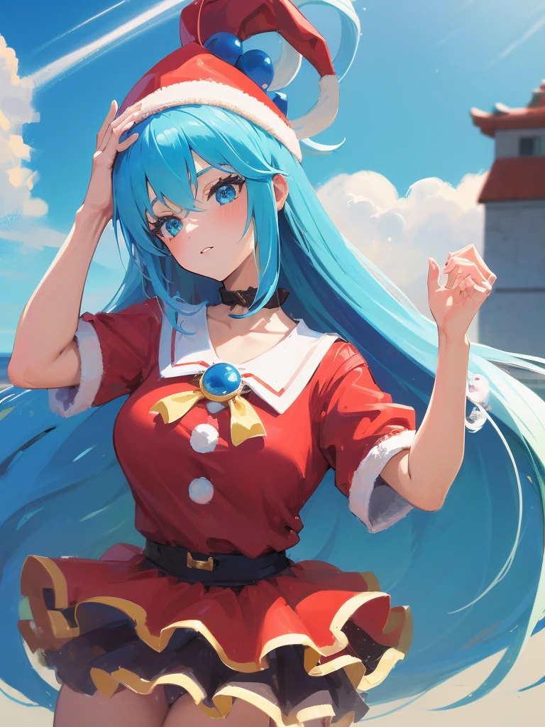 ((Top Qualität)), ((Meisterwerk)), (Santa Detaillierter Minirock), rotes Weihnachtsmann-Kleid, Weihnachtsmann-Hut,perfektes Gesicht, 1 Mädchen, Aqua Konosuba