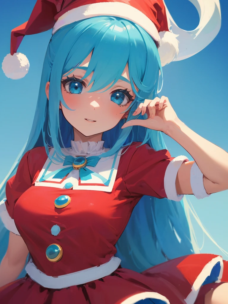 ((qualité supérieure)), ((chef-d&#39;œuvre)), (Minijupe détaillée du Père Noël), robe rouge du Père Noël, chapeau de père Noël,visage parfait, 1 fille, Aqua Konosuba