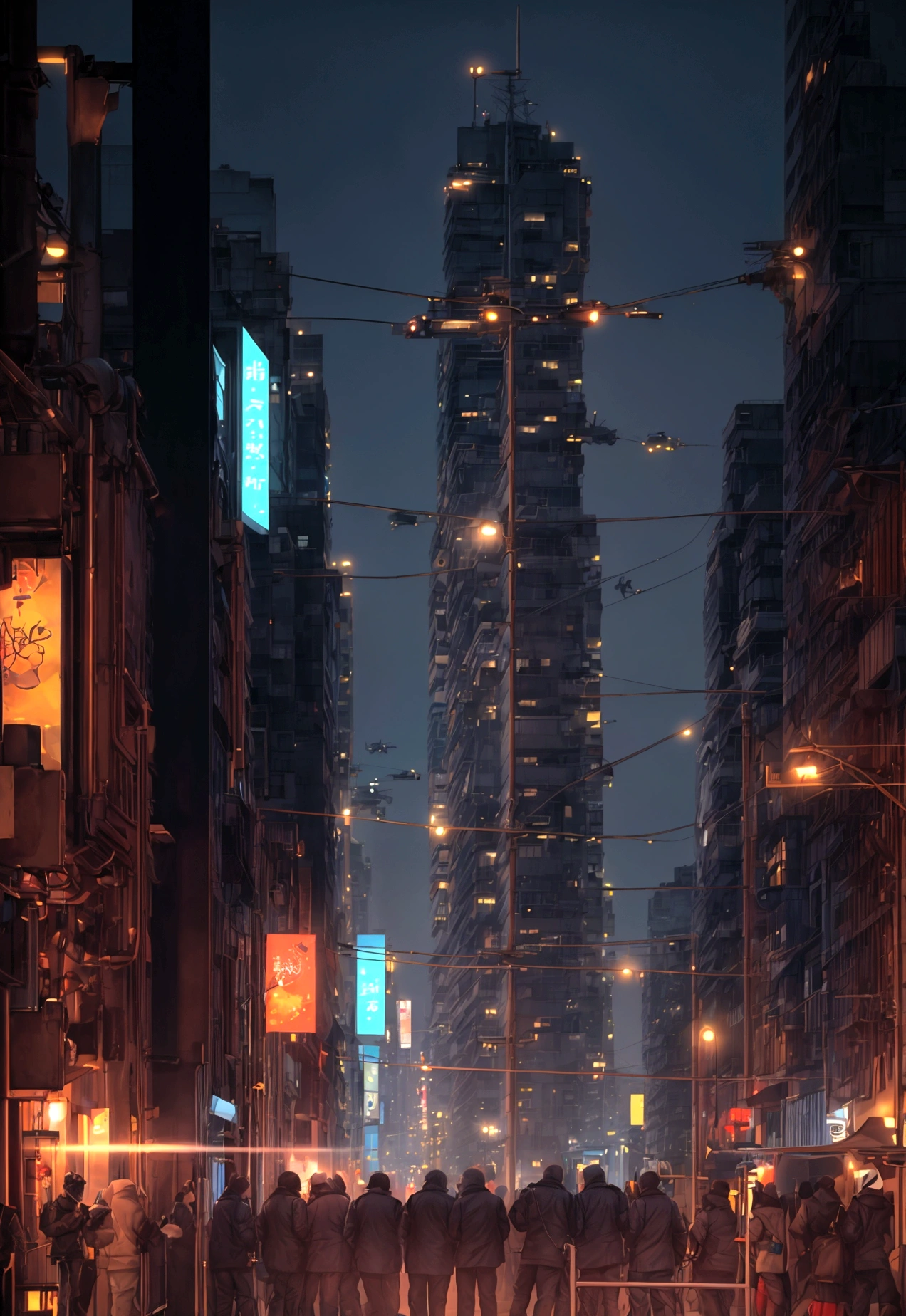 People live, Future City Street , Bright lighting, Spirited, Very crowded, Populous, Color Scheme, Art Station, Create ultra-realistic renderings of aircraft，cyber punk. Street cables densely cover the areas between buildings. Lighting scene lights on, quality\(8K,非常に精細なCGユニットのwallpaper, masterpiece,High resolution,top-quality,top-quality real texture skin,Surreal,Increase the resolution,RAW Photos,最高quality,Very detailed,wallpaper,Cinema Lighting,Ray-tracing,Golden Ratio\),(Long Shot),landscape,