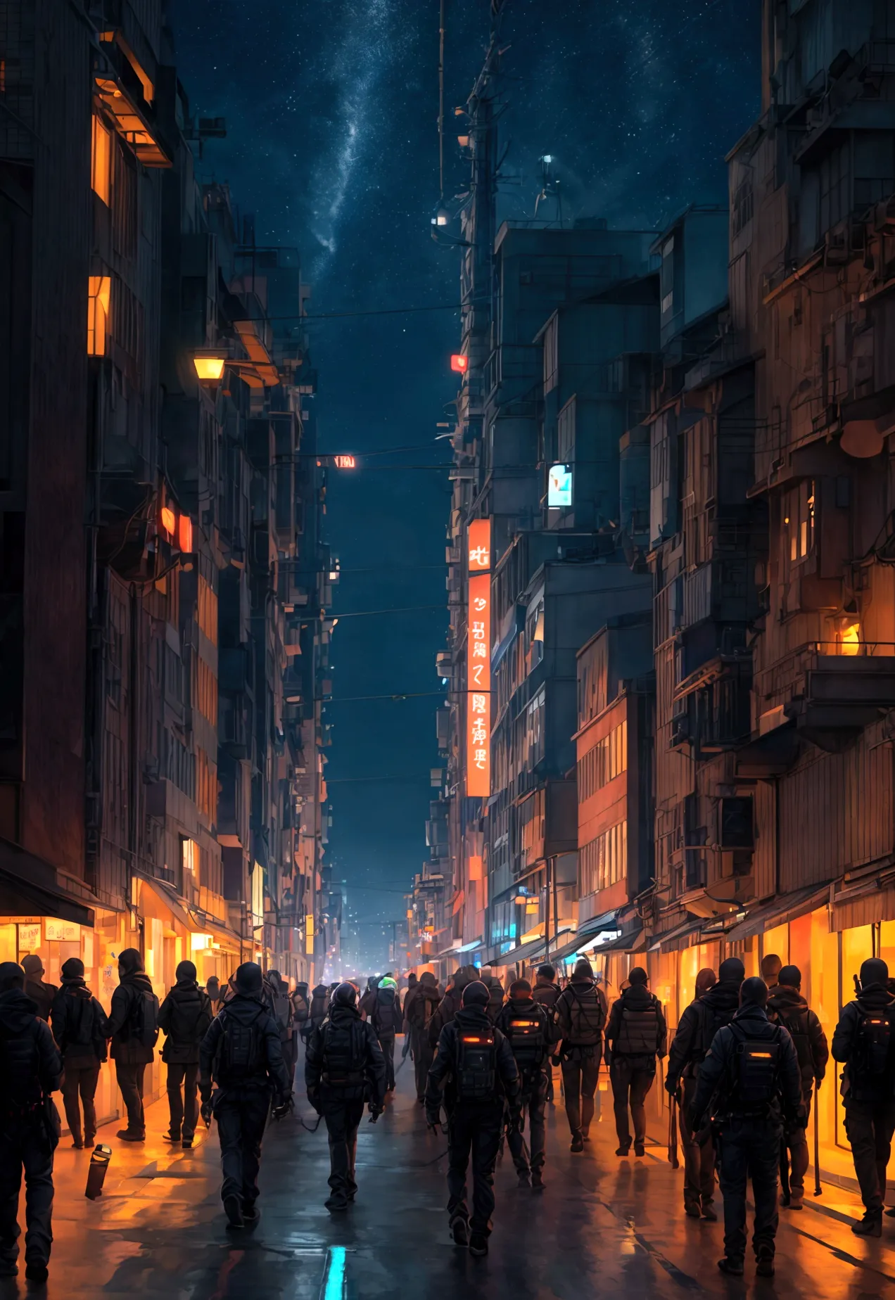 People live, Future City Street , Bright lighting, Spirited, Very crowded, Populous, Color Scheme, Art Station, Create ultra-rea...