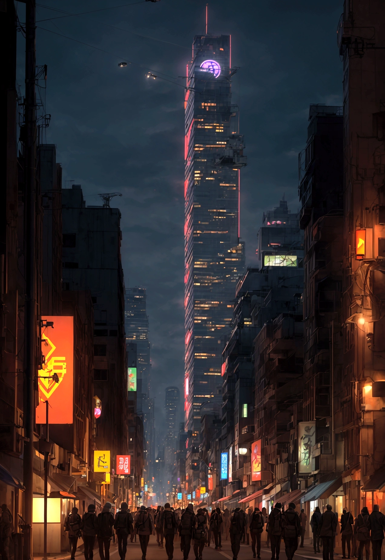 People live, Future City Street , Bright lighting, Spirited, Very crowded, Populous, Color Scheme, Art Station, Create ultra-realistic renderings of aircraft，cyber punk. Street cables densely cover the areas between buildings. Lighting scene lights on, quality\(8K,非常に精細なCGユニットのwallpaper, masterpiece,High resolution,top-quality,top-quality real texture skin,Surreal,Increase the resolution,RAW Photos,最高quality,Very detailed,wallpaper,Cinema Lighting,Ray-tracing,Golden Ratio\),(Long Shot),landscape,