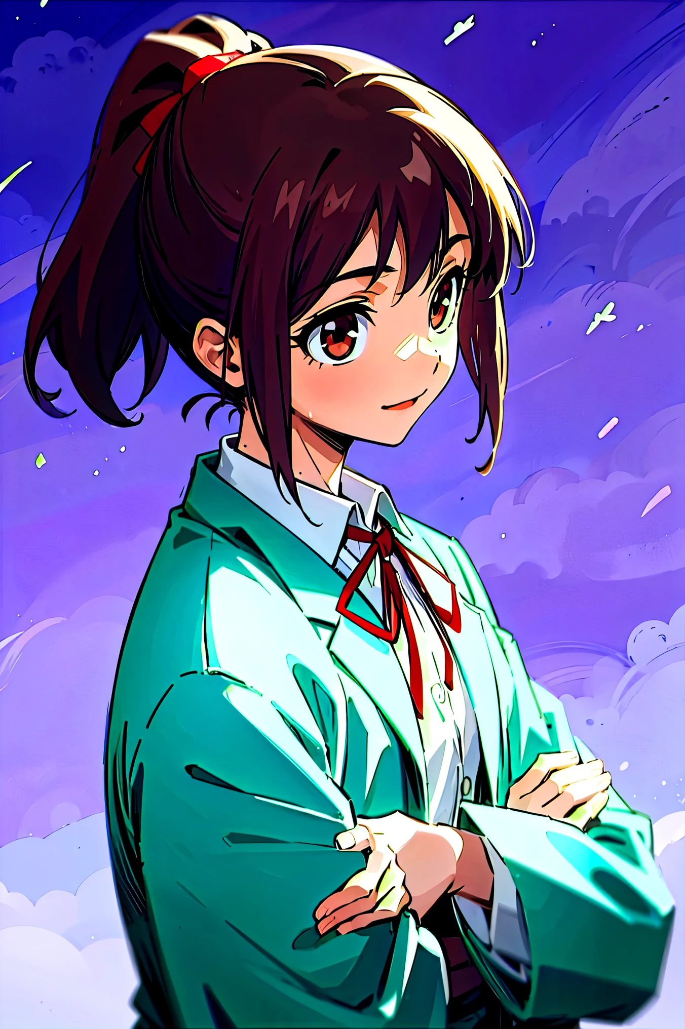 (masterpiece, best quality:1.2), samidare asahina, 1girl, brown eyes, brown hair, jacket, long sleeves, neck ribbon, red sky, dawn, ponytail, red ribbon, ribbon, rose garden, shirt, short hair, solo, white shirt, (high details, super detail:1.55)