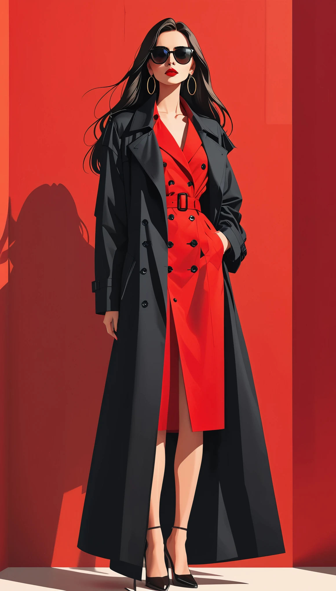 Einfache Vektorillustration，Schönes Mädchen steht an der Wand，einzigartig，Vertrauen，langes, glattes Haar，Sonnenbrille，Übertriebene Ohrringe，einzigartig，Das Publikum anstarren），（Schwarzer Trenchcoat mit tiefem V-Ausschnitt：1.37，Roter Rock mit Unterteil）。Blick von unten nach oben，Geometrisches Licht und Schatten，Sauberer und einfacher roter Hintergrund