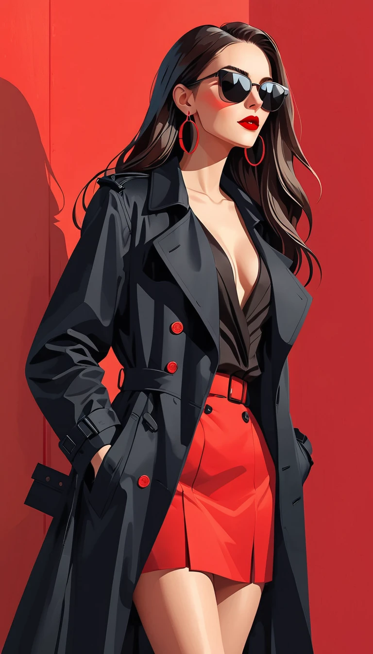 Ilustração vetorial simples，Linda garota em pé contra a parede，delicados lábios vermelhos，unique，confiança，cabelo longo e liso，oculos de sol，Brincos exagerados，unique，Olhando para o público），（Trench coat preto com V profundo：1.37，Saia vermelha）。olhando de baixo para cima，Luz e sombra geométricas，Fundo vermelho limpo e simples，Cacto gigante no chão