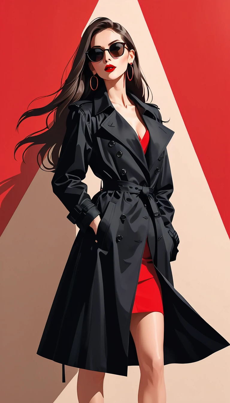 Ilustração vetorial simples，Linda garota em pé contra a parede，delicados lábios vermelhos，unique，confiança，cabelo longo e liso，oculos de sol，Brincos exagerados，unique，Olhando para o público），（Trench coat preto com V profundo：1.37，Saia vermelha）。olhando de baixo para cima，Luz e sombra geométricas，Fundo vermelho limpo e simples，