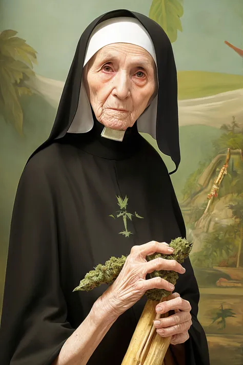 elderly nun with dark circles, with a giant marijuana joint in his hands (surrealist image )