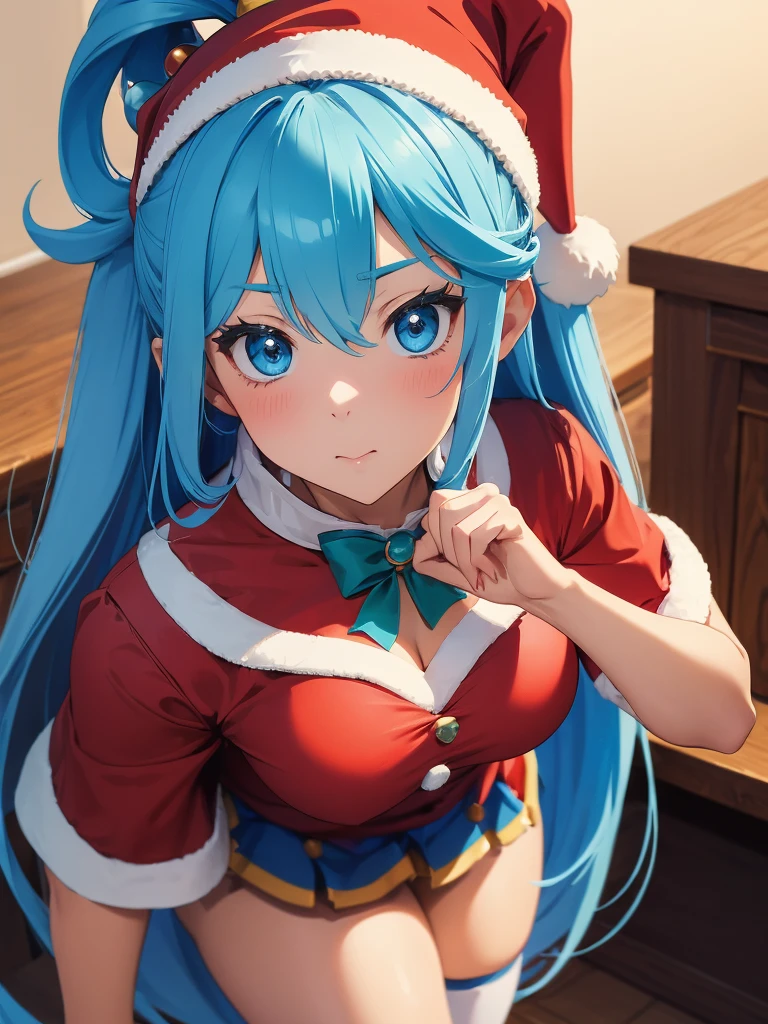 ((Top Qualität)), ((Meisterwerk)), (Minirock mit Weihnachtsmann-Details), rotes Weihnachtsmannkleid,perfektes Gesicht, 1 Mädchen, Aqua Konosuba