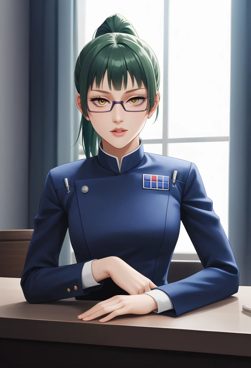 score_9_up, score_8_up, score_7_up, 1girl, solo, mature female, Maki, green ponytail  hair, yellow eyes, glasses, pink lips, parted lips, fit slim body, perfect medium erected breast, (((imperial officer outfit))), dark grey living room, looking at the viewer, perfect model body, lying on the table with hanging head and doing blowjob