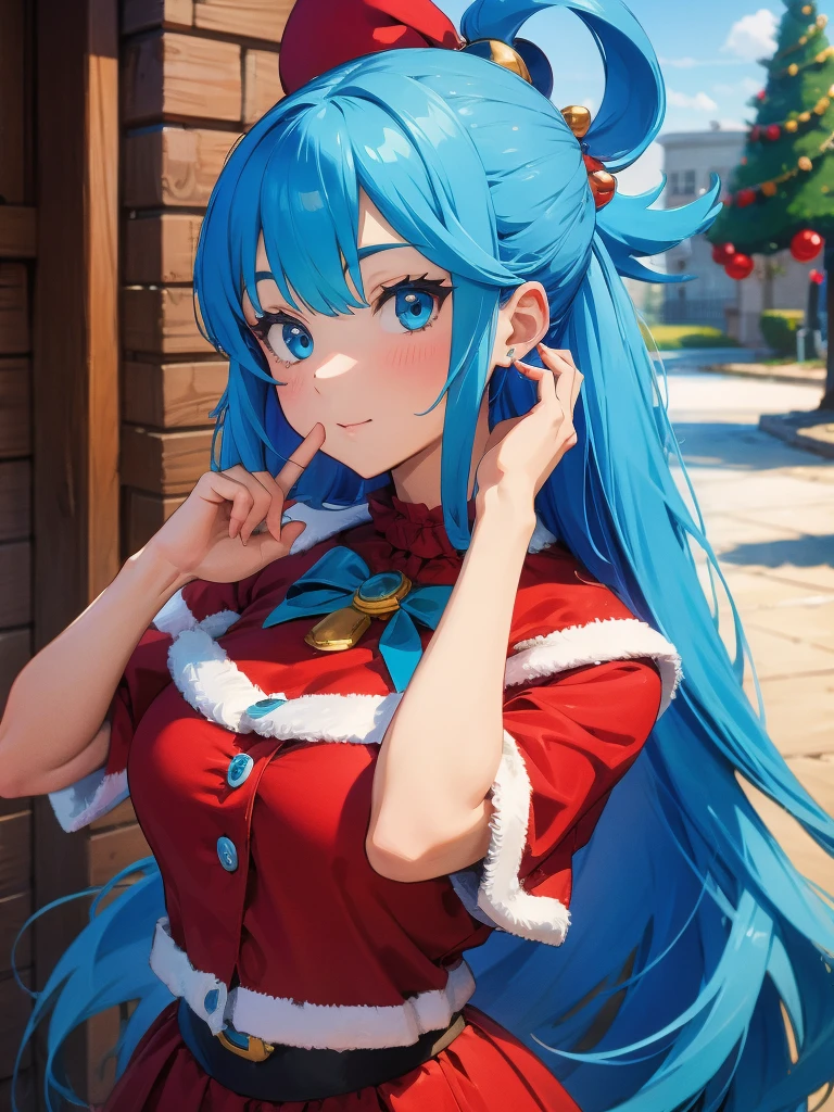 ((calidad superior)), ((obra maestra)), (Minifalda con detalles de Papá Noel), vestido rojo de santa,cara perfecta, 1 chica, Aqua konosuba