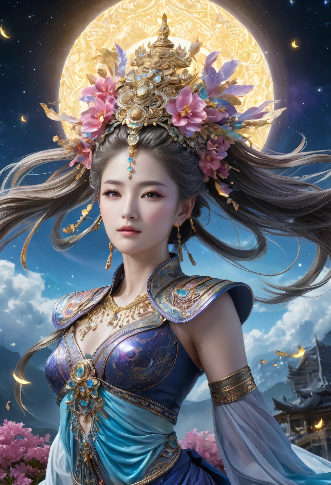 8K resolution, masterpiece, Highest quality, Award-winning works, unrealistic, Final Fantasy, Royal Jewel,Photorealistic Painting by Midjourney and Greg Rutkowski, , elegant, Very detailed, Delicate depiction of hair, Miniature Painting, Digital Painting, Art Station, Concept Art, Smooth, Sharp focus, shape, nature, flight, Thousand Armed Kannon Bodhisattva, Asura, God of War, Castle in the Sky, A strip of light pouring down from the sky, A pillar of light stretching into the sky, Complex colors, Buddhist Mandala, Colorful magic circle, flash, Mysterious Background, aura, A gentle gaze, break, Small faint lights and flying fireflies, night, Starry Sky, milky way, nebula, shooting star, Flowers, birds, wind and moon, erotic, one sexy lady, healthy shaped body, Anatomically accurate skeleton, 22-year-old woman, Asura, height: 170cm, huge firm bouncing busts, Shiny dress, Iridescent dress