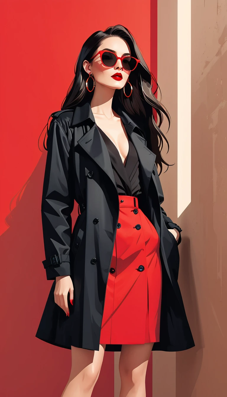 Ilustração vetorial simples，Linda garota em pé contra a parede，delicados lábios vermelhos，unique，confiança，cabelo longo e liso，oculos de sol，Brincos exagerados，unique，Olhando para o público），（Trench coat preto com V profundo：1.37，Saia vermelha）。olhando de baixo para cima，Luz e sombra geométricas，Fundo vermelho limpo e simples