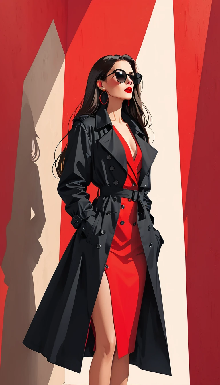 Ilustração vetorial simples，Linda garota em pé contra a parede，delicados lábios vermelhos，unique，confiança，cabelo longo e liso，oculos de sol，Brincos exagerados，unique，Olhando para o público），（Trench coat preto com V profundo：1.37，Saia vermelha）。olhando de baixo para cima，Luz e sombra geométricas，Fundo vermelho limpo e simples