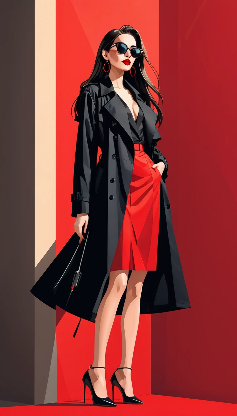 Ilustração vetorial simples，Linda garota em pé contra a parede，delicados lábios vermelhos，unique，confiança，cabelo longo e liso，oculos de sol，Brincos exagerados，unique，Olhando para o público），（Trench coat preto com V profundo：1.37，Saia vermelha）。olhando de baixo para cima，Luz e sombra geométricas，Fundo vermelho limpo e simples