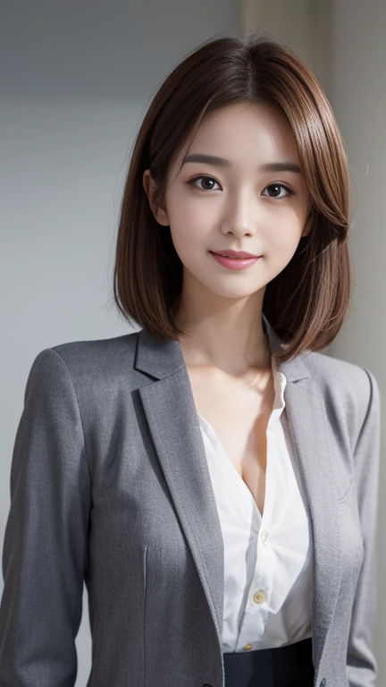 (Very detailed CG Unity 8k 壁紙, Highest quality, Very detailed, Looking at the camera:1.2, The light shines on your face:1.5, Gray background, Professional Lighting), Japan female, 26 years old, Full-body composition with brightly lit face. She has an oval face, She has big breasts,Soft arched eyebrows, bright expressive eyes,, pronounced nose, And a friendly smile. Her hair is shoulder-length, straight, Dyed a light chestnut color. She is wearing a smart casual blouse, Probably soft colors, Paired with a chic blazer, Embody her lively and sociable personality,　Are standing