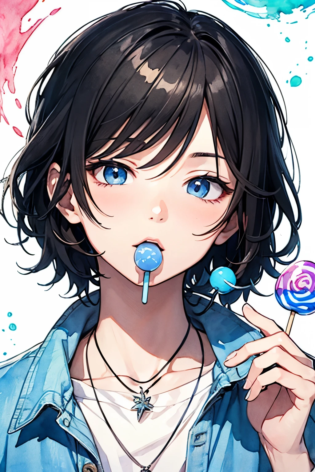 Japanese anime, Clear line drawing, Transparent watercolor, Clear shading, Beautiful young man, short dark hair, blue lollipop in the mouth, Blue tongue, Gaze staring at the camera, blue open collar shirt, relaxed poses, hand holding lollipop stick, visible necklace, Delicate and powerful expressiveness,High quality, amount of drawing, pixiv illustration