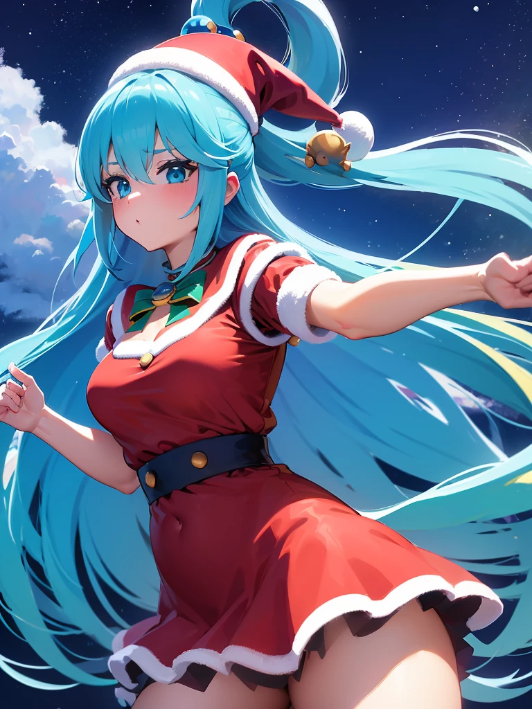 ((Top Qualität)), ((Meisterwerk)), (Minirock mit Weihnachtsmann-Details), rotes Weihnachtsmannkleid,perfektes Gesicht, 1 Mädchen, Aqua Konosuba