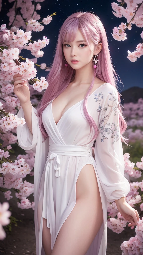 Red eyes, (Highest quality, masterpiece painting:1.3), Immature woman, , (Half Body Shot), masterpiece, Ultra-high resolution, (Photorealistic:1.0), Light purple hair,Straight hair, Beautiful and shiny hair, White and glowing skin, ((Ultra-Realistic Details)), Octane Rendering, Highly detailed face, (Big Breasts:0.8), (Making a heart with hands),（(Translucent white robe),  (Robe with pink feathers,layer), White cherry blossom embroidery pattern, Silver Earrings,（Milky Way Galaxy), Hair flutters under the influence of the wind, Beautiful Japanese garden with cherry blossoms at night, Mysterious night sky, Beautiful views, Sharp focus, Intricate details, Professional artwork, (Bright colors:1.1), Bright colors, diffused Lighting, Digital Blending, Ultra high definition body, Super detailed hair, Highly detailed face, that&#39;that&#39;Trending on pixiv, Open the top button, Cute gaze, Compensate, Perfect Lips, perfect Compensate, Ultra-precision coating,  (Light_smile:0.8), (Very embarrassed:1.2), Blushing your nose,