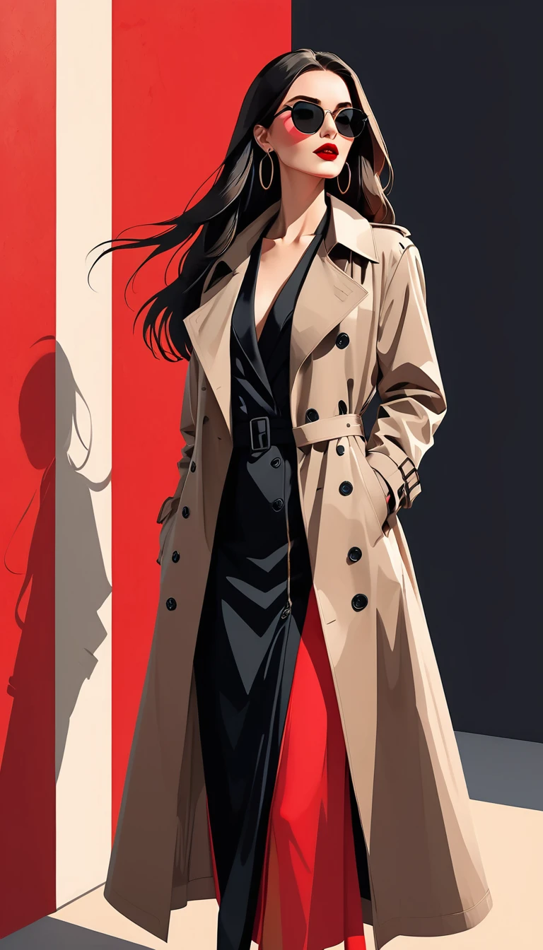 Ilustração vetorial simples，Linda garota em pé contra a parede，delicados lábios vermelhos，unique，confiança，cabelo longo e liso，oculos de sol，Brincos exagerados，unique，Olhando para o público），（Trench coat preto com V profundo：1.37，Saia vermelha）。olhando de baixo para cima，Luz e sombra geométricas，Fundo vermelho limpo e simples，assistir