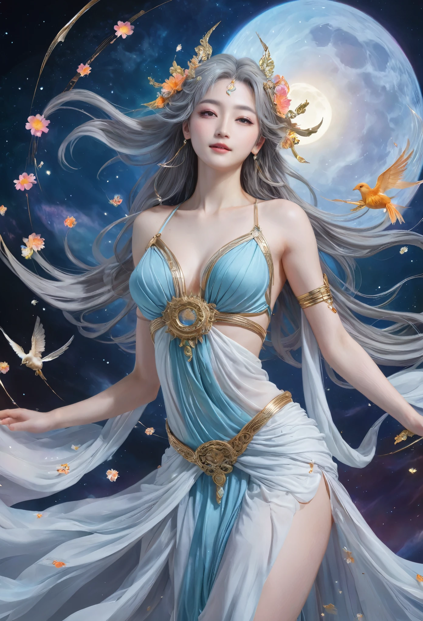 8K resolution, masterpiece, Highest quality, Award-winning works, unrealistic, Final Fantasy, Royal Jewel,Photorealistic Painting by Midjourney and Greg Rutkowski, , elegant, Very detailed, Delicate depiction of hair, Miniature Painting, Digital Painting, Art Station, Concept Art, Smooth, Sharp focus, shape, nature, flight, Thousand Armed Kannon Bodhisattva, Asura, God of War, Castle in the Sky, A strip of light pouring down from the sky, A pillar of light stretching into the sky, Complex colors, Buddhist Mandala, Colorful magic circle, flash, Mysterious Background, aura, A gentle gaze, break, Small faint lights and flying fireflies, night, Starry Sky, milky way, nebula, shooting star, Flowers, birds, wind and moon, erotic, one sexy lady, healthy shaped body, Anatomically accurate skeleton, 22-year-old woman, Asura, height: 170cm, huge firm bouncing busts, Shiny dress, Iridescent dress, bikini dress, Archaic Smile