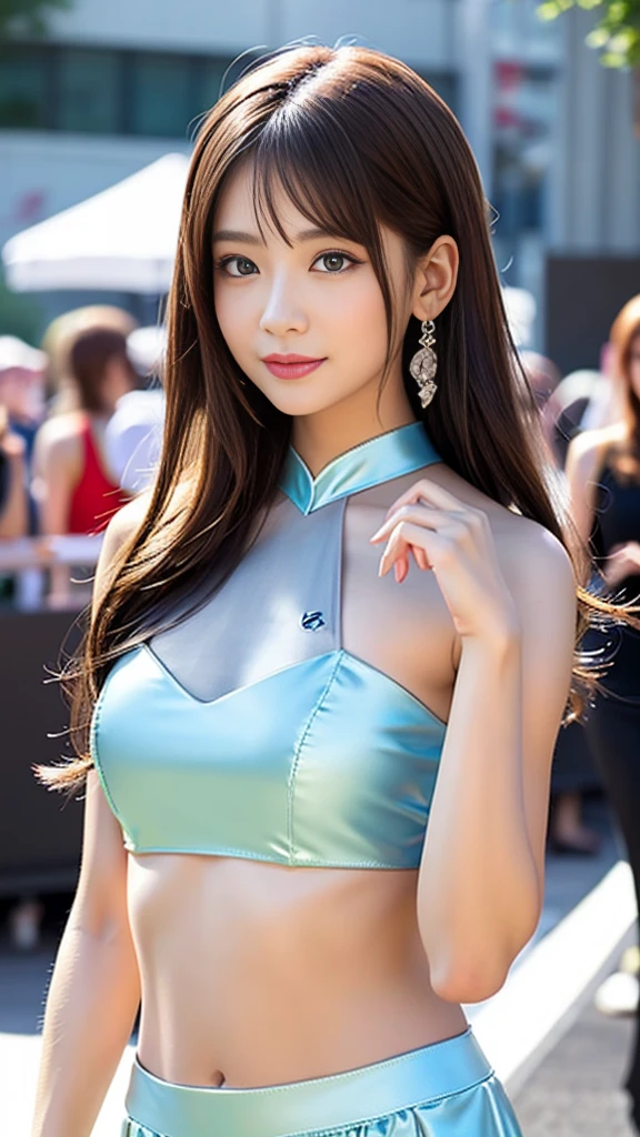 masterpiece, Highest quality, Realistic, Highly detailed CG integrates 8K, 8K,(Very beautiful face, Beautiful Lips, Beautiful Eyes), Exquisitely detailed face,1 Girl, Very beautiful girl,Exquisite eye makeup,Subtle eye detail,The best example of four fingers and one thumb,Toned figure,Nice and beautiful smile,明るいLong Hair,transparent, Quality hair,(masterpiece, Highest quality:1.2),alone,The eyes are exquisite and delicate,Brown Hair、Long Hair、Pink Lips,blue eyes,Big Breasts、Wavy Hair、((Race Queen Cosplay)))、Japanese、25-year-old female