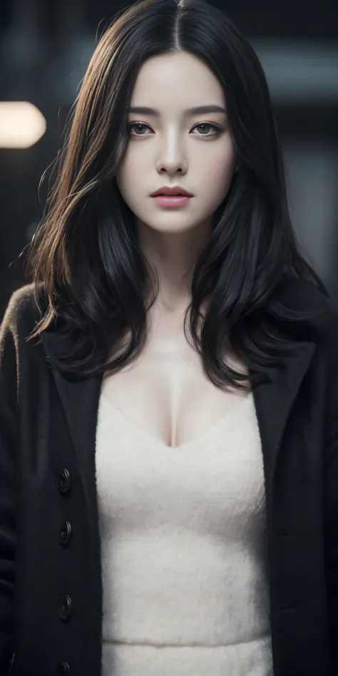 beautiful girl with realistic black eyes, pale skin, mid-length black hair, perfect face, perfect eyes, wearing coat, highly det...