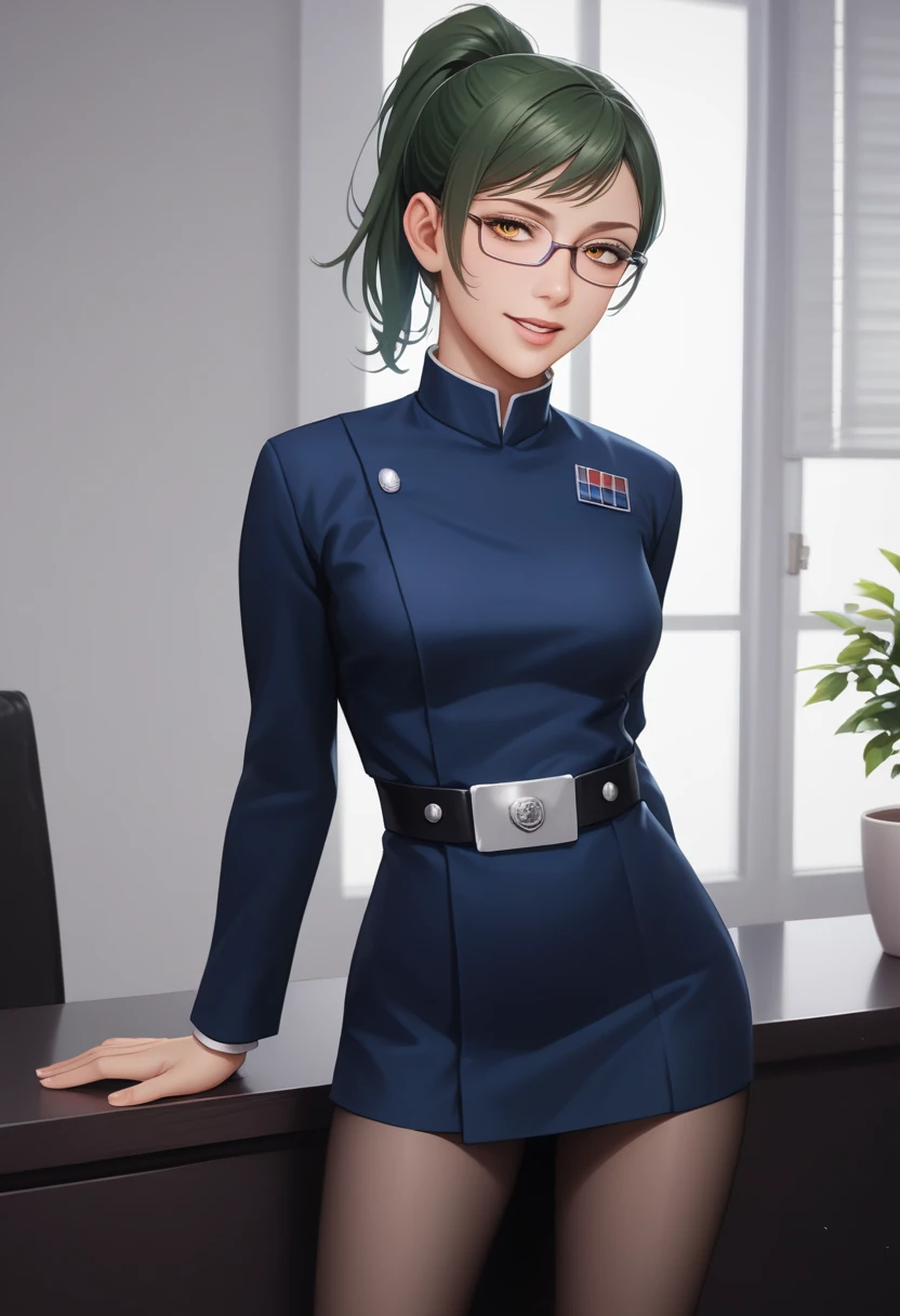 score_9_up, score_8_up, score_7_up, 1girl, solo, mature female, Maki, green ponytail  hair, yellow eyes, glasses, pink lips, parted lips, fit slim body, perfect medium erected breast, (((imperial officer outfit))), dark grey living room, looking at the viewer, sexy smile, perfect model body, (((standing in doggystyle position))), (((penis lies on her ass and cumming on her back))), (((from behind)))
