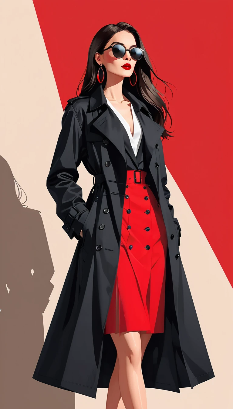 Simple vector illustration，Beautiful girl standing against the wall，Delicate red lips，unique，confidence，Long straight hair，sunglasses，Exaggerated earrings，unique，Staring at the audience），（(Black deep V trench coat：1.37，Red bottoming skirt)）。Looking from the bottom up，Geometric Light and Shadow，Clean and simple red background，watch