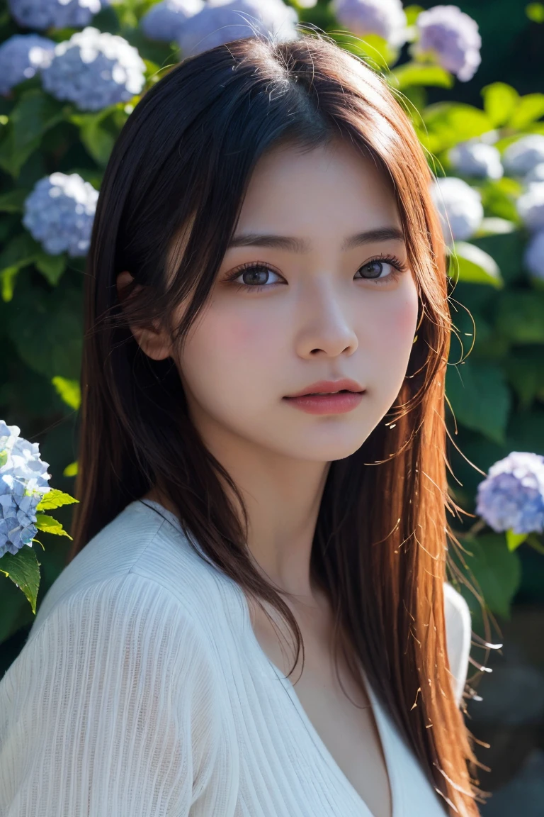 un très détaillé, portrait photoréaliste d&#39;une belle jeune femme asiatique à la peau lisse, grands yeux expressifs, et maquillage naturel. Elle est entourée de buissons d&#39;hortensias luxuriants, avec un éclairage doux et une faible profondeur de champ. L&#39;arrière-plan est légèrement flou pour mettre en valeur son visage. L&#39;image doit capturer son expression sereine et douce, en mettant l&#39;accent sur ses traits délicats et la beauté naturelle de la scène. haute résolution, 8k, ultra-détaillé, chef-d&#39;œuvre, Meilleure qualité. ((robe de porcelaine))、((Haut du corps:1.3))