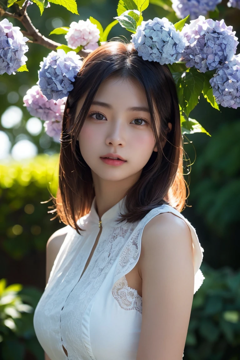 A highly detailed, photorealistic portrait of a beautiful young Asian woman with smooth skin, large expressive eyes, and natural makeup. She is surrounded by lush hydrangea bushes, with soft lighting and a shallow depth of field. The background is slightly blurred to emphasize her face. The image should capture her serene and gentle expression, with a focus on her delicate features and the natural beauty of the scene. High resolution, 8K, ultra-detailed, masterpiece, best quality. ((China dress))、((Upper Body:1.3))