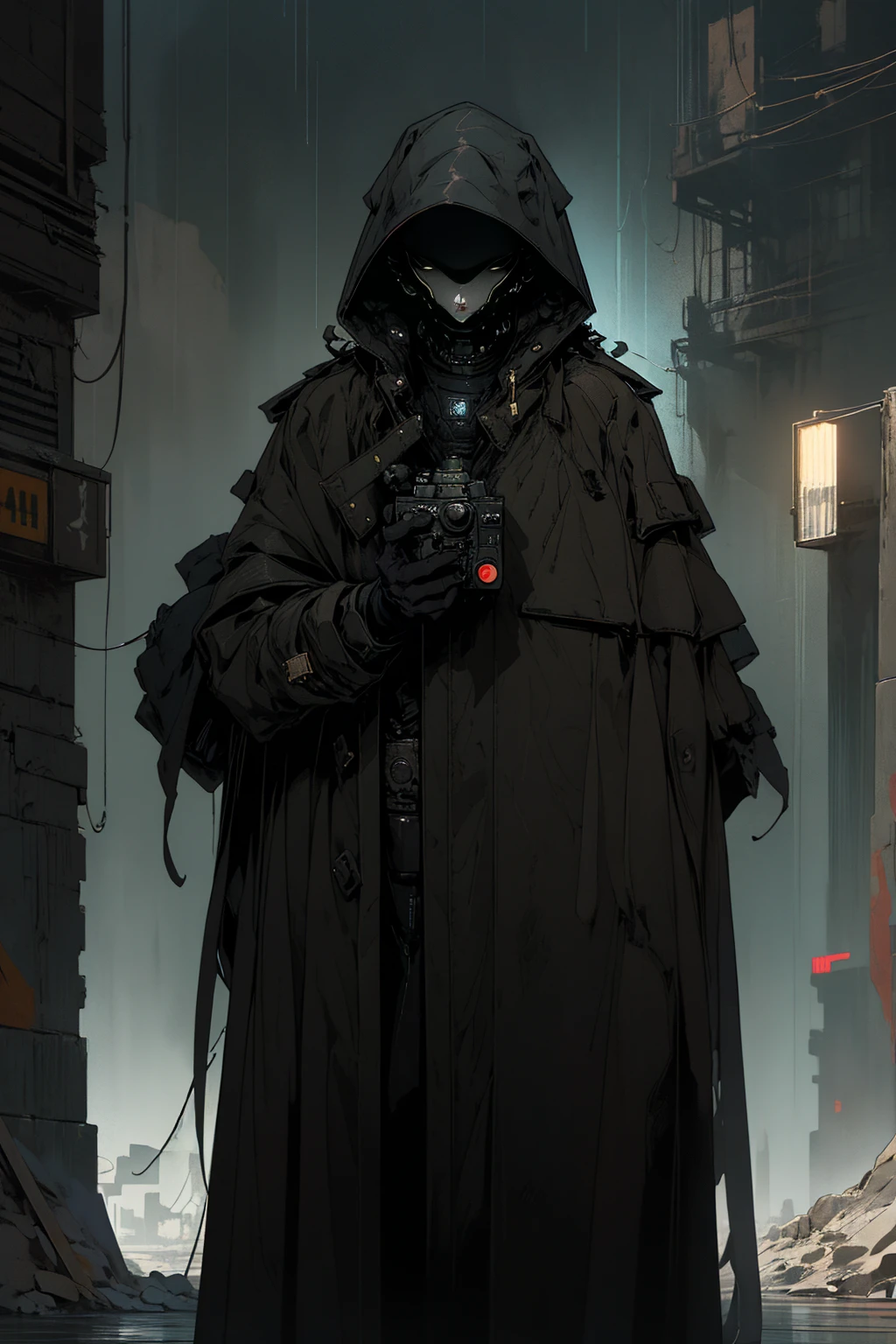 wide and far shot, ((a man in a black hooded trench coat, return to camera:1.5)), standing on rainy street, looking at a futuristic city at night, a dark cityscape with neon lights (Best Quality, 4k, 8k , high resolution, Masterpiece: 1.2), ultra detailed (realist, photorealist, photorealist: 1.37), cinematic lighting, dramatic shadows, moody atmosphere, intricate details, Bright city lights, advanced technology, Retro-futuristic architecture, dynamic pose, hood that casts shadows on the face, intense look