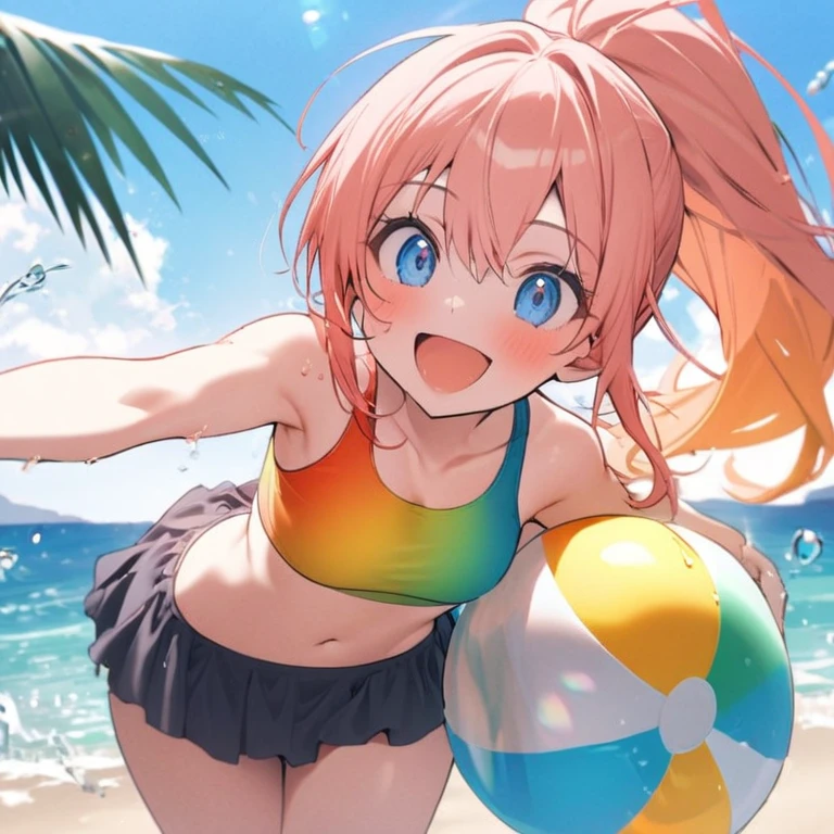 {{{{{masutepiece,Best Quality,ultra-detailliert,8K}}}}},1 woman,Happy laughter,Beautiful ponytail hairstyle,Beautiful face,beautiful large blue eyes,Have a beach ball,Beautiful summer beach background,(gradation color swimware:1.6),