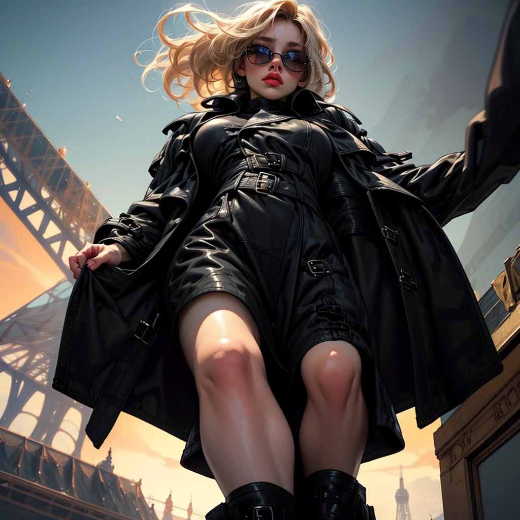 Full body, 1 woman, blonde short bob hair, bright red lipstick, big sunglasses, boots, white tight turtleneck sweater, Burberry checked skirt, woman in black trench coat (black trench coat:1.7), beautifully detailed eyes, beautifully detailed lips, highly detailed eyes and face, long eyelashes, 1 girl, elegant, mysterious, dramatic lighting, moody atmosphere, dark and grainy, chiaroscuro, high contrast, cinematic, neo-noir, dramatic shadows, dramatic highlights, twilight sky, sunset sky, very beautiful colored sky, natural light, realistic, photorealistic, photorealistic:1.37, highest quality, 4k, 8k, high resolution, masterpiece:1.2, ultra detailed, cinematic composition, dramatic pose, atmospheric, emotional, evocative, impressive, (paris, beautiful view, from below:2.0) landscape