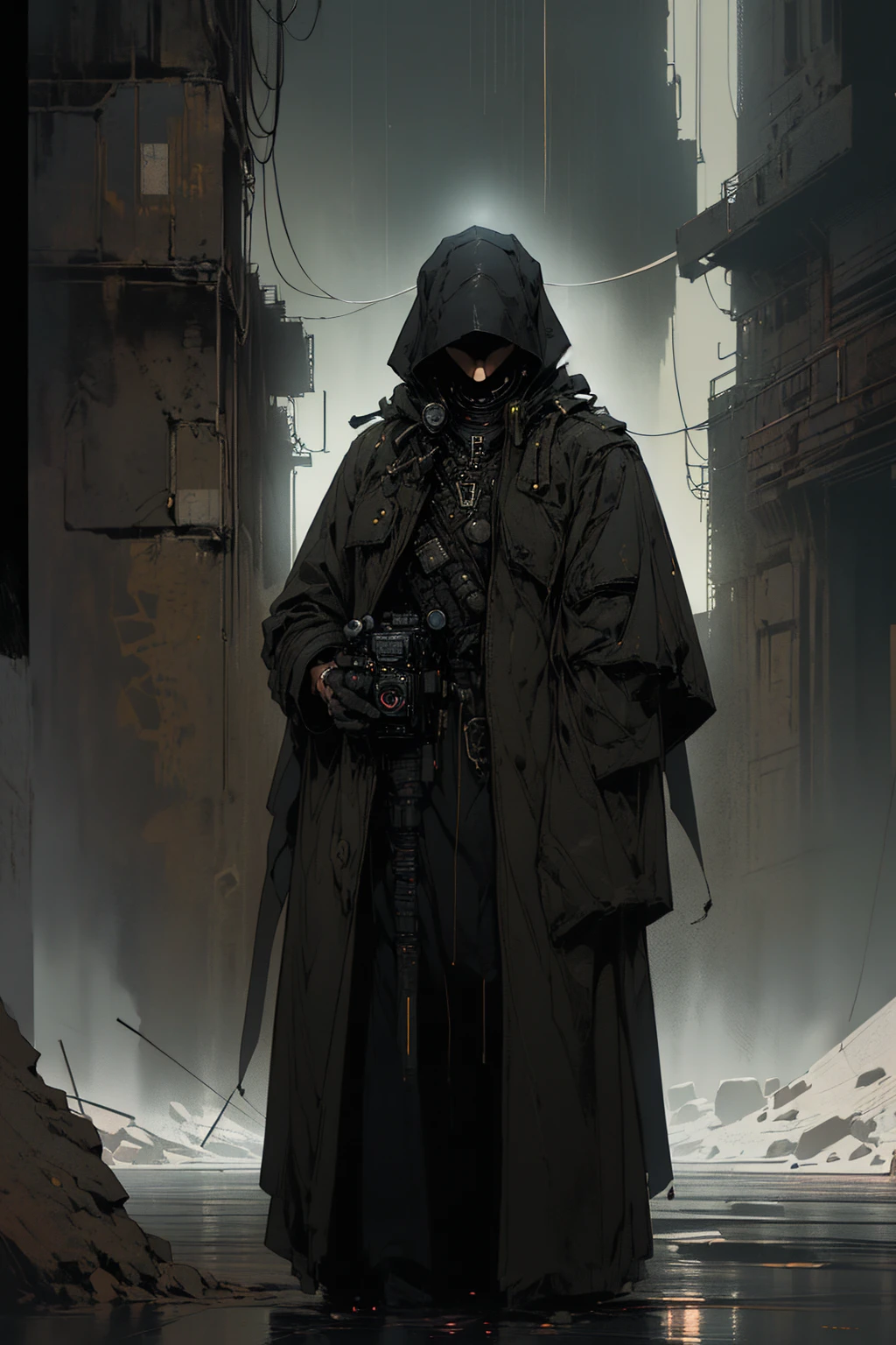 wide and far shot, ((a man in a black hooded trench coat, return to camera:1.5)), standing on rainy street, looking at a futuristic city at night, a dark cityscape with neon lights , dynamic pose, of action:1.3, (Best Quality, 4k, 8k , high resolution, Masterpiece: 1.2), ultra detailed (realist, photorealist, photorealist: 1.37), cinematic lighting, dramatic shadows, moody atmosphere, intricate details, Bright city lights, advanced technology, Retro-futuristic architecture, dynamic pose, hood that casts shadows on the face, intense look