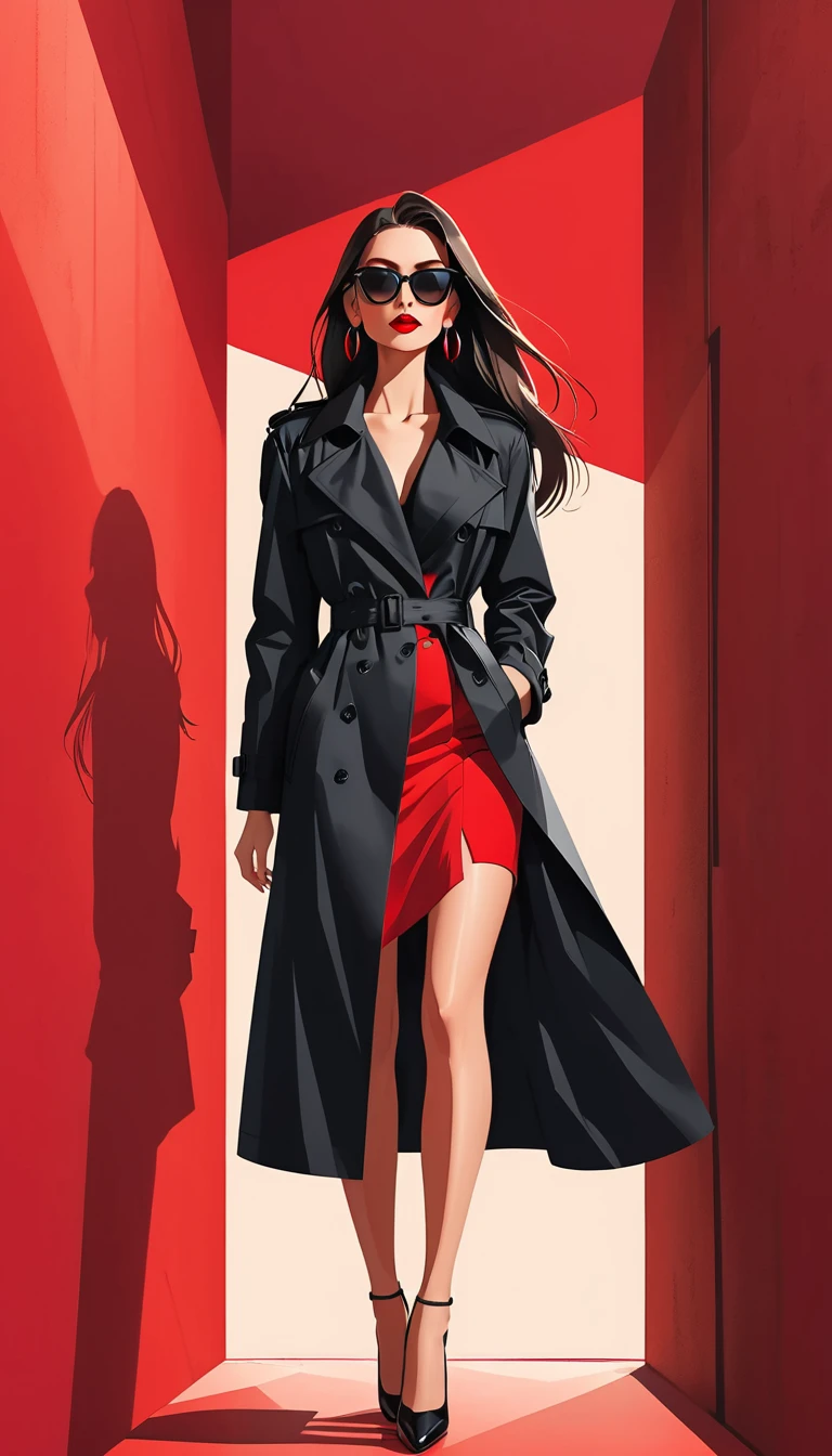 Ilustração vetorial simples，Linda garota em pé contra a parede，delicados lábios vermelhos，unique，confiança，cabelo longo e liso，oculos de sol，Brincos exagerados，unique，Olhando para o público），（(Trench coat preto com V profundo：1.37，Saia vermelha)）。olhando de baixo para cima，Luz e sombra geométricas，Fundo vermelho limpo e simples，assistir