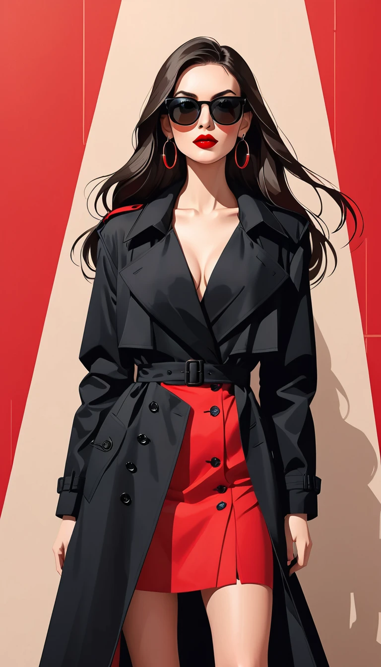 Simple vector illustration，Beautiful girl standing against the wall，Delicate red lips，unique，confidence，Long straight hair，sunglasses，Exaggerated earrings，unique，Staring at the audience），（(Black deep V trench coat：1.37，Red bottoming skirt)）。Looking from the bottom up，Geometric Light and Shadow，Clean and simple red background，watch