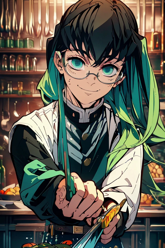 (masterpiece, highest quality, best quality, highest detailed, perfect face) 1 male, adult, muscular, broad man, long green hair, green eyes, (Clothes: glasses, black undershirt, kitchen accessories, apron) in a fast food kitchen, cooking, lots of food, lewd smile,