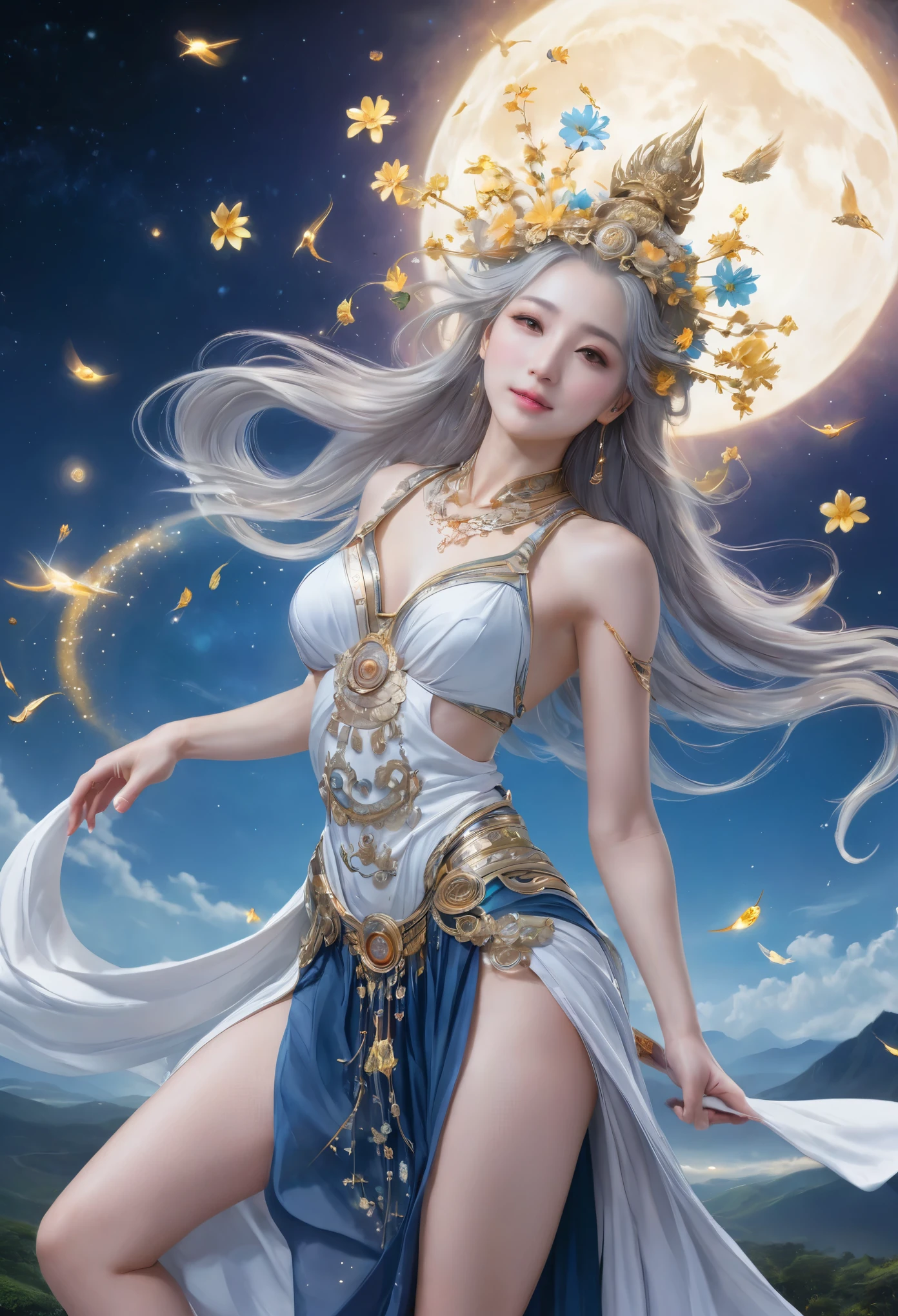 8K resolution, masterpiece, Highest quality, Award-winning works, unrealistic, Final Fantasy, Royal Jewel,Photorealistic Painting by Midjourney and Greg Rutkowski, , elegant, Very detailed, Delicate depiction of hair, Miniature Painting, Digital Painting, Art Station, Concept Art, Smooth, Sharp focus, shape, nature, flight, Thousand Armed Kannon Bodhisattva, Asura, God of War, Castle in the Sky, A strip of light pouring down from the sky, A pillar of light stretching into the sky, Complex colors, Buddhist Mandala, Colorful magic circle, flash, Mysterious Background, aura, A gentle gaze, break, Small faint lights and flying fireflies, night, Starry Sky, milky way, nebula, shooting star, Flowers, birds, wind and moon, erotic, one sexy lady, healthy shaped body, Anatomically accurate skeleton, 22-year-old woman, Asura, height: 170cm, huge firm bouncing busts, Shiny dress, Iridescent dress, bikini dress, Archaic Smile, White Tiger