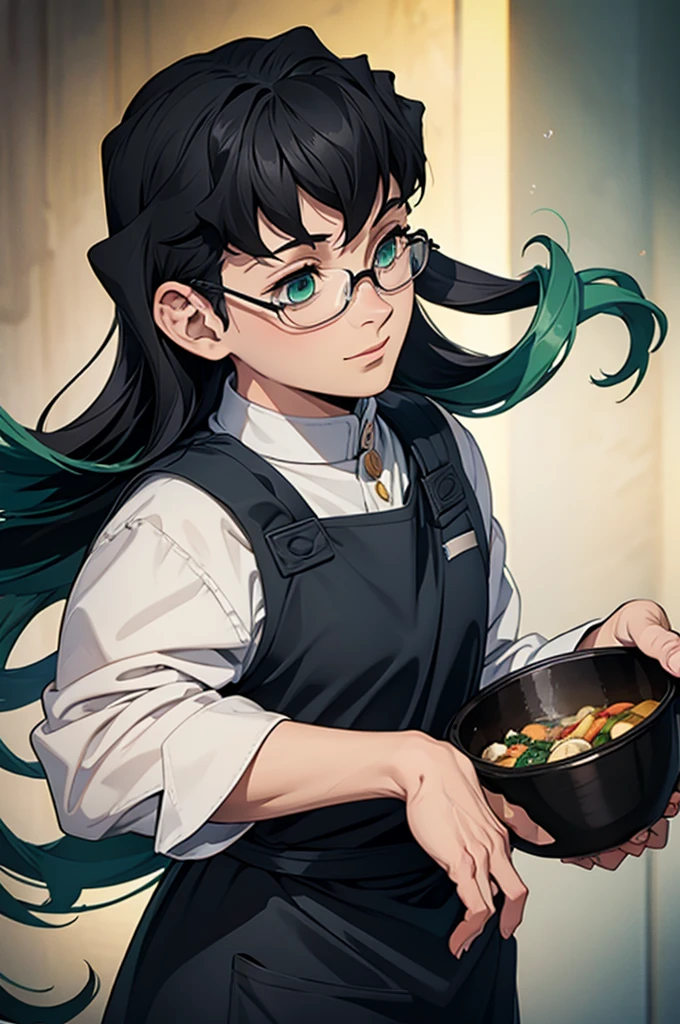 (masterpiece, highest quality, best quality, highest detailed, perfect face) 1 male, adult, muscular, broad man, long green hair, green eyes, (Clothes: glasses, black undershirt, kitchen accessories, apron) in a fast food kitchen, cooking, lots of food, lewd smile,