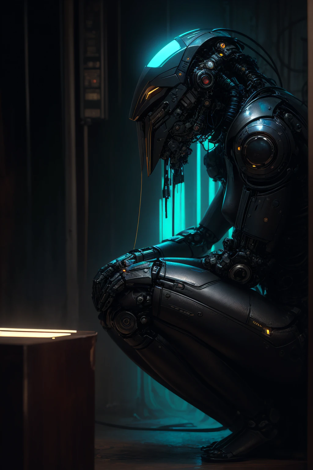 a robotic, metal body, neon lights on your body, cables, robotic mechanisms, dynamic pose, (Best Quality,4k,8k,high resolution,Masterpiece:1.2),ultra detailed,(realist,photorealist,photo-realist:1.37),cinematic lighting,Highly detailed mechanical parts,dynamic action pose,elegant metallic texture,bright neon reflections,intricate robotic features,advanced technology,futuristic cyberpunk,vibrant color palette